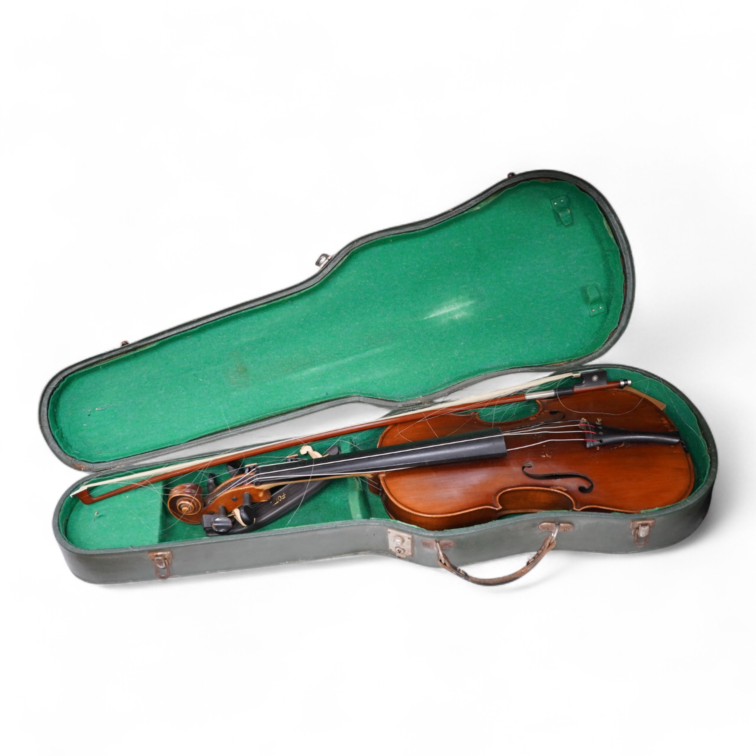 A mid 20th century cased Czech viola 15.25” body, with a fully mounted octagonal bow with plastic tip plate